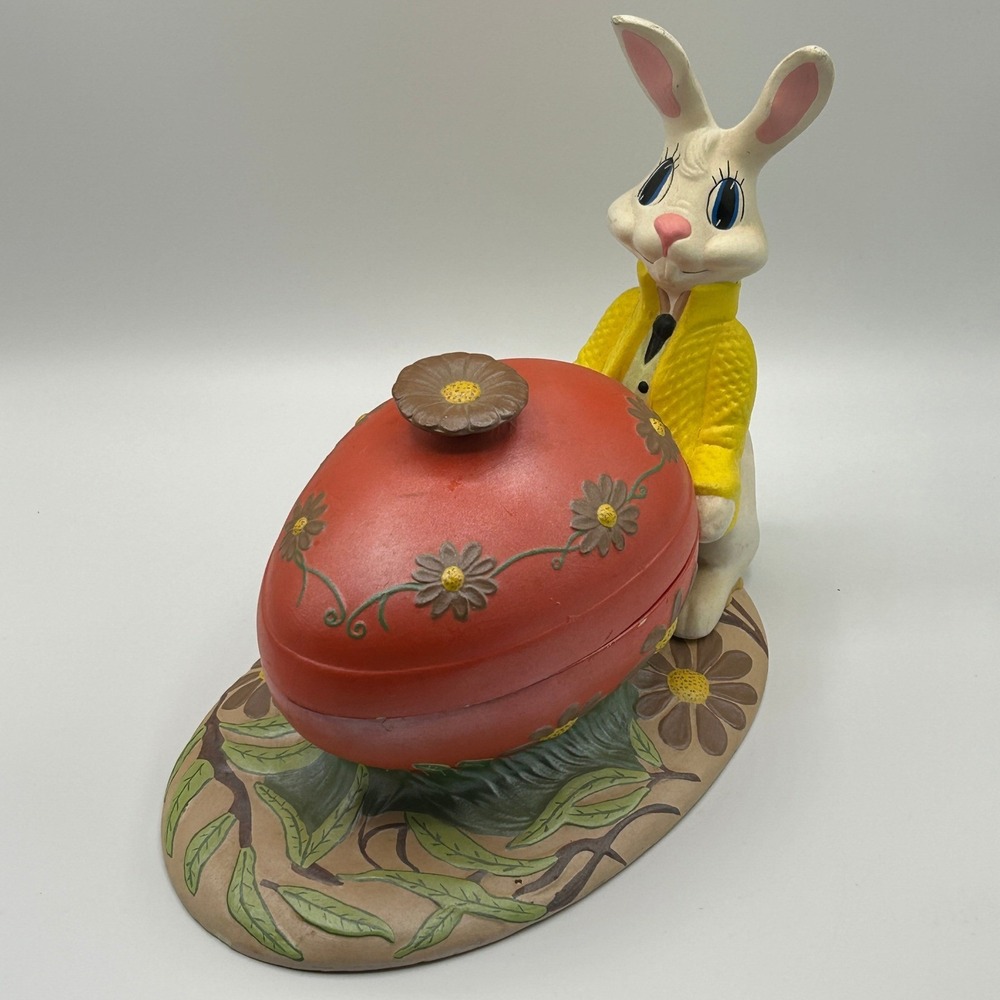 Vintage Easter Bunny Pushing Egg Trinket Box Candy Dish Ceramic Hand Painted